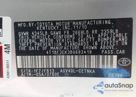 2011 Toyota Camry Le z USA, uszkodzony, nr VIN 4T1BF3EK3BU683418